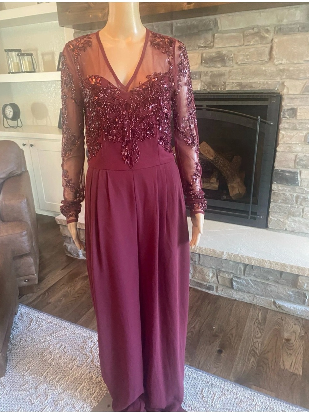 Maya Tall Beaded Long Sleeve V-Neck jumpsuit in Burgundy Size 6